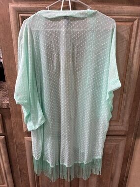 Mixit Mint Swiss Dot Kimono With Fringe Open-Front Swim Coverup